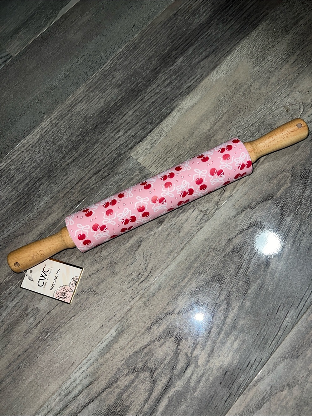 Cherry-Print Pink Non-Stick Rolling Pin with Wooden Handles